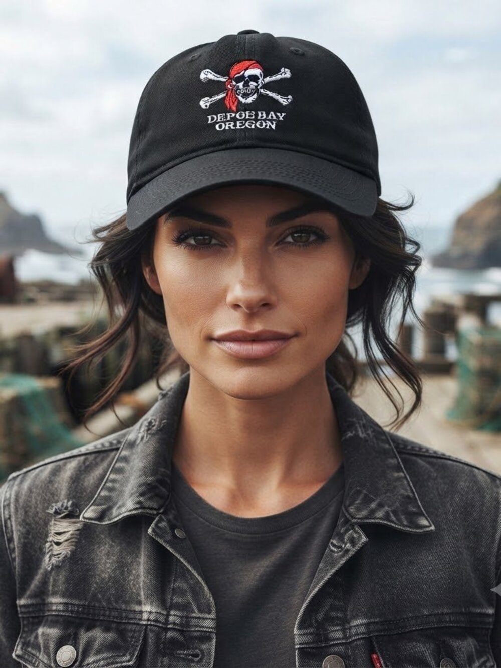 Pirate baseball cap black Depoe Bay Famous Harbor Oregon Coast